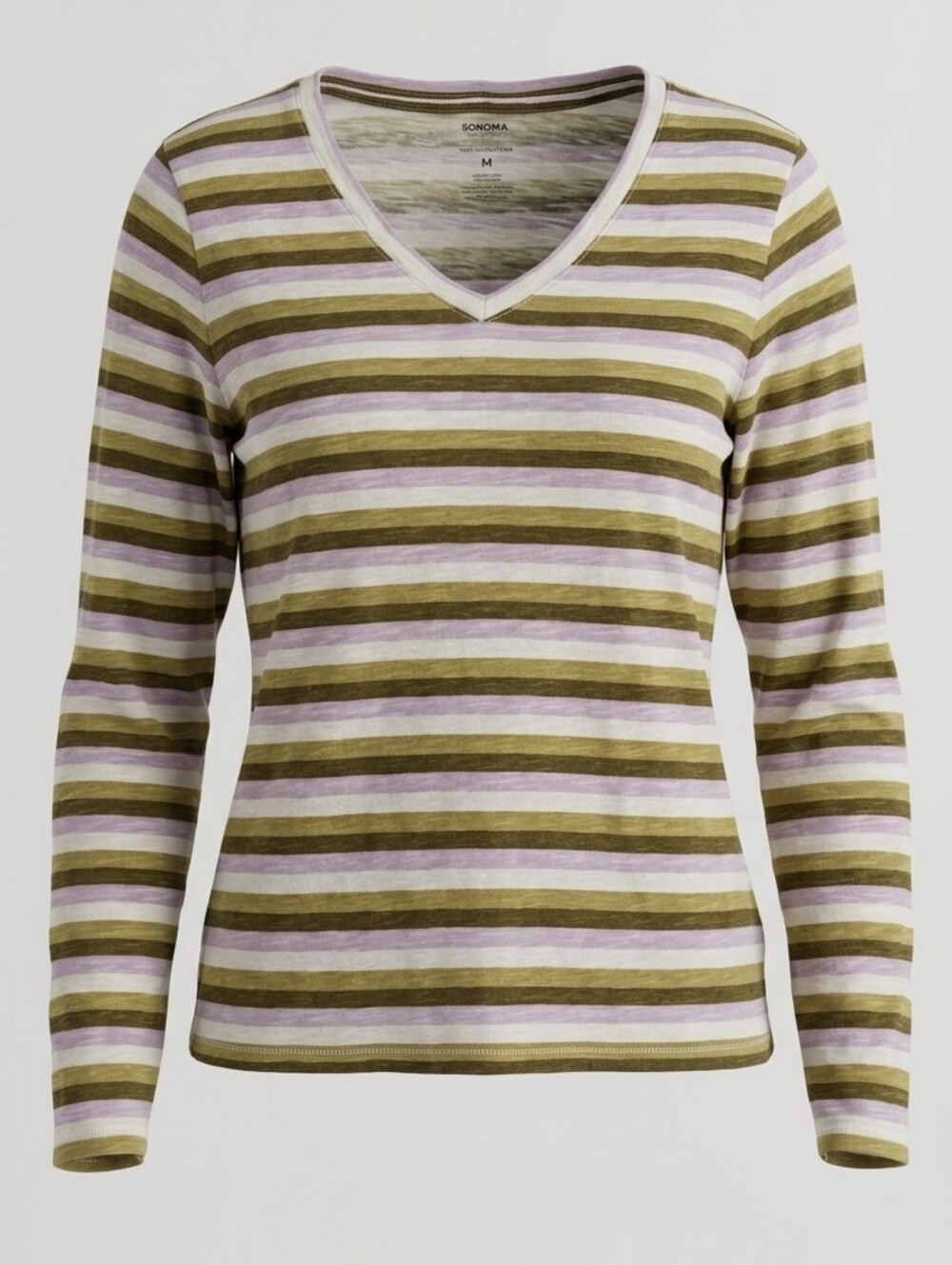 SONOMA Olive Lavender V-Neck Striped Long Sleeve Cotton The Everyday Women Tee M